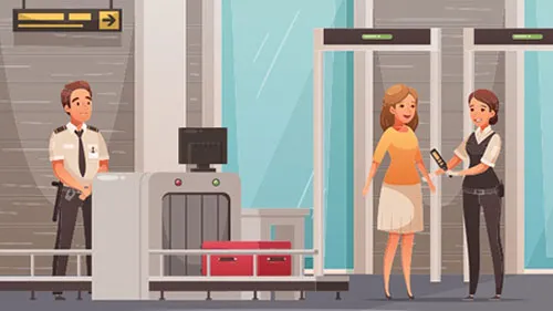 Illustration of woman going through airport screening process